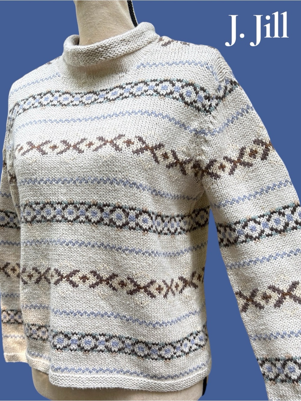 J. Jill Hand Knit, 57% Linen, Fair Isle, Nordic Sweater XS Turtleneck. EUC